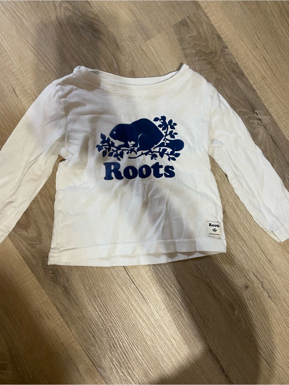 Roots Kids White Long Sleeve Tee with Navy Beaver Logo